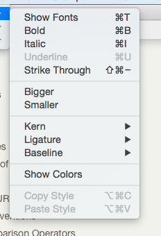 Font sub-menu Font sub-menu