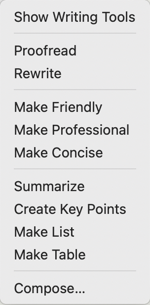 Writing Tools sub-menu Writing Tools sub-menu