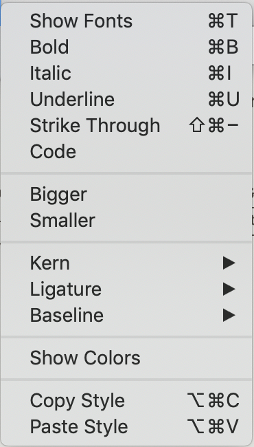 Font sub-menu Font sub-menu