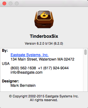 About Tinderbox dialog About Tinderbox dialog