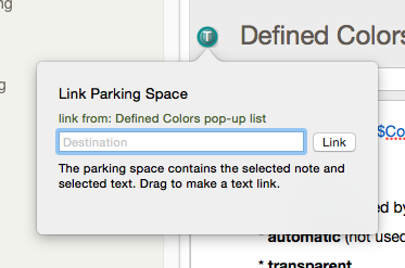 Text pane with $Text selection, Link parking space click pop-over Text pane with $Text selection, Link parking space click pop-over