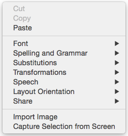 Text pane, no text selection, pop-up menu Text pane, no text selection, pop-up menu