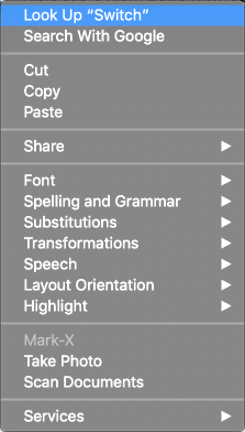 Text pane, text selected, pop-up menu Text pane, text selected, pop-up menu
