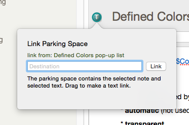 Text pane with $Text selection, Link parking space click pop-over