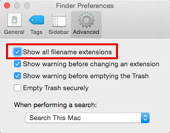 Showing or hiding filename extensions via Finder