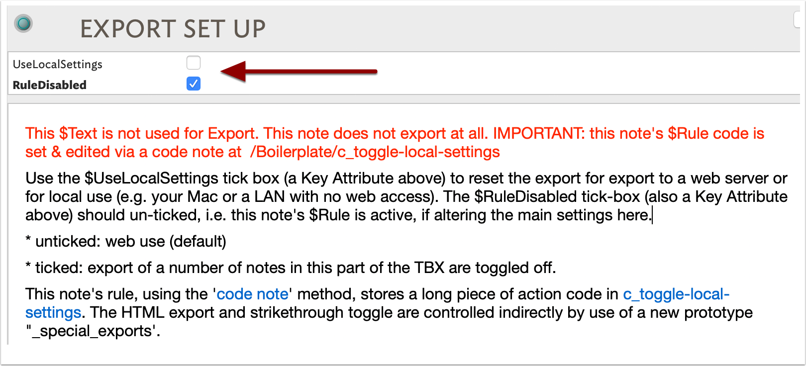 Setting the export toggle